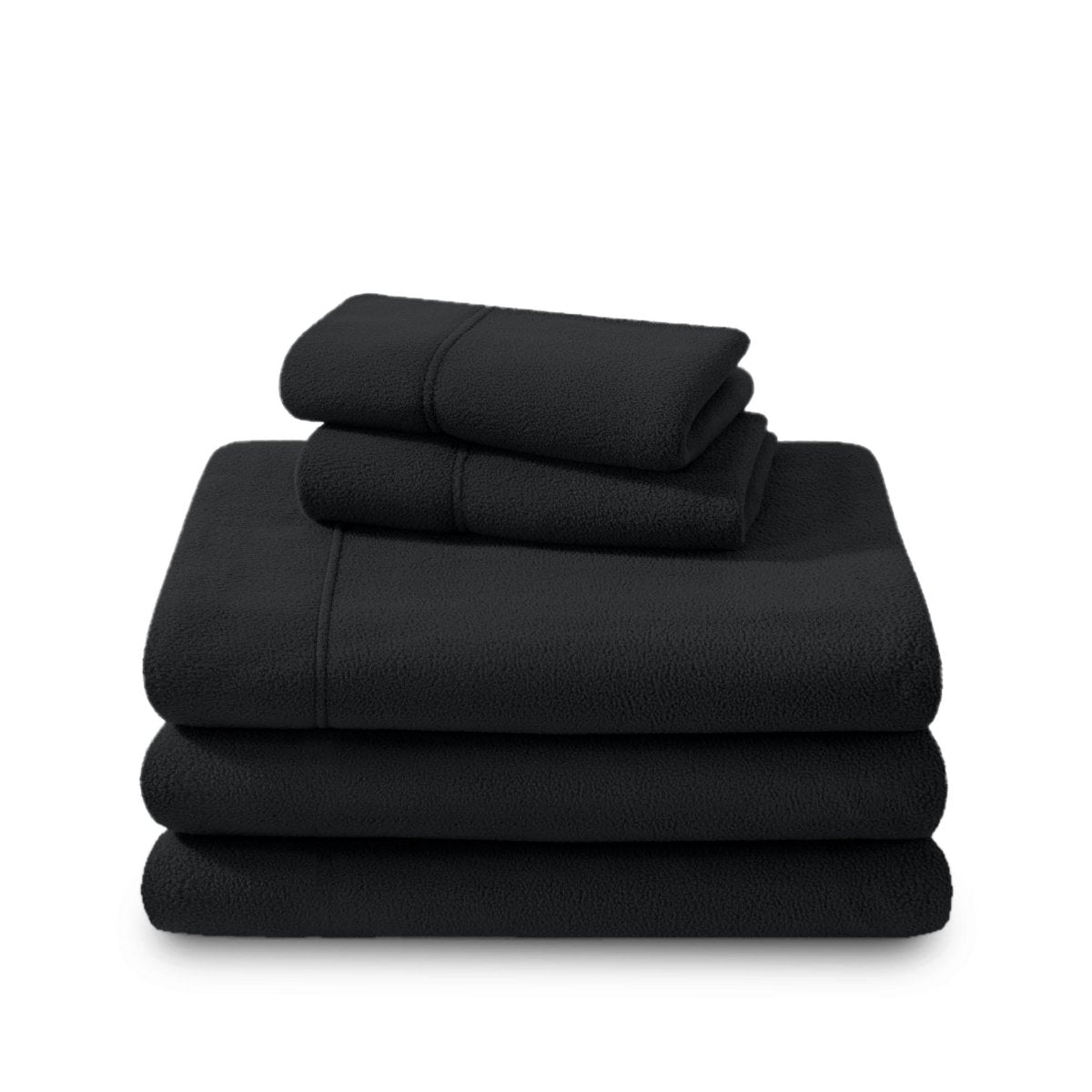 Polar fleece sheets and pillowcases folded and stacked on a white background