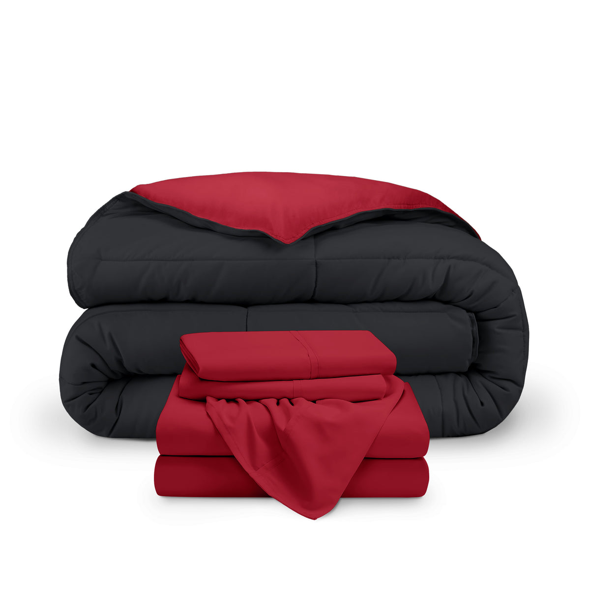 A reversible microfiber comforter and a coordinating sheet set folded and stacked