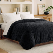 Shaggy duvet cover on a bed in a bedroom setting with shelves and decor.