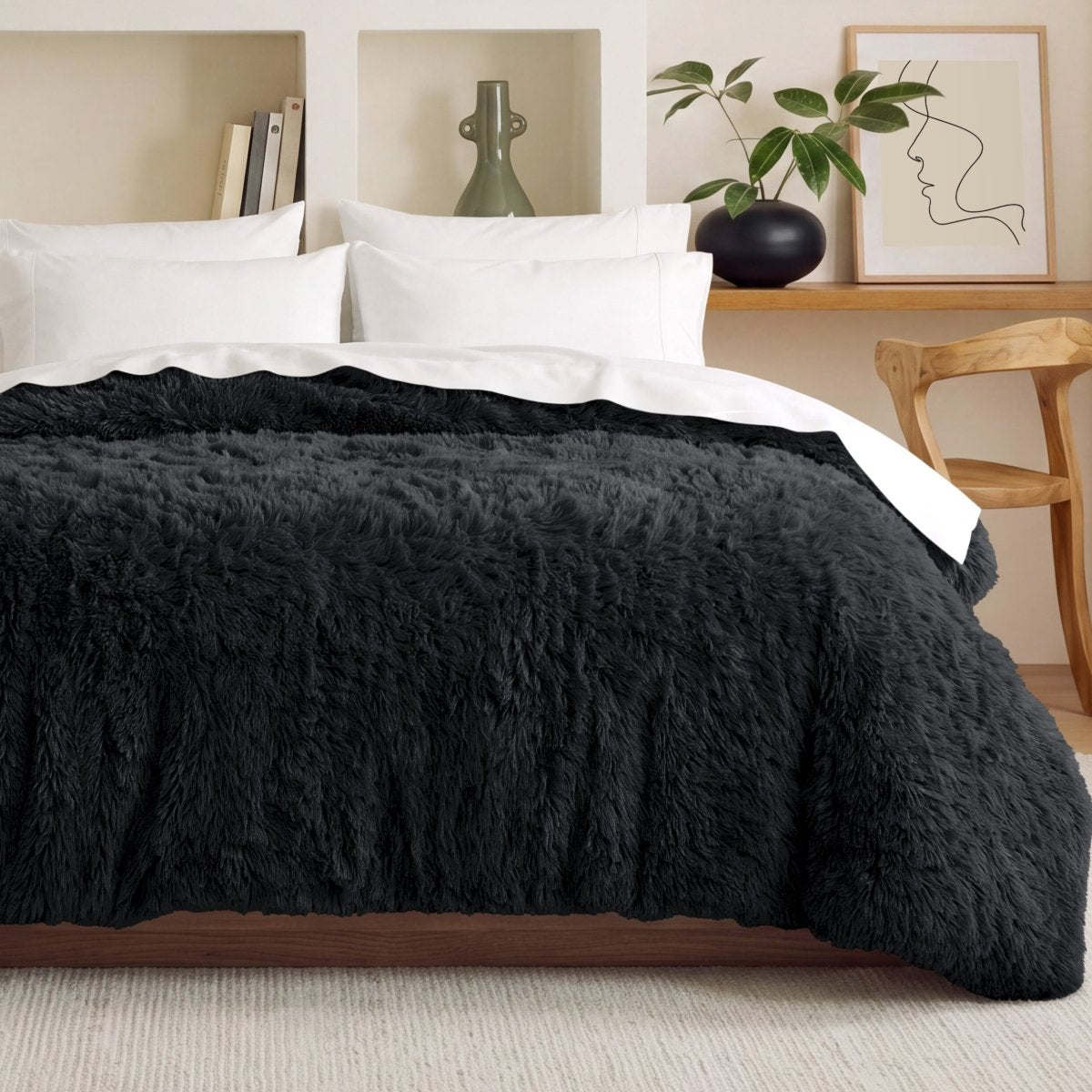 Shaggy duvet on a bed in a bedroom setting with decor elements.