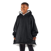 A child with a sherpa wearable blanket on