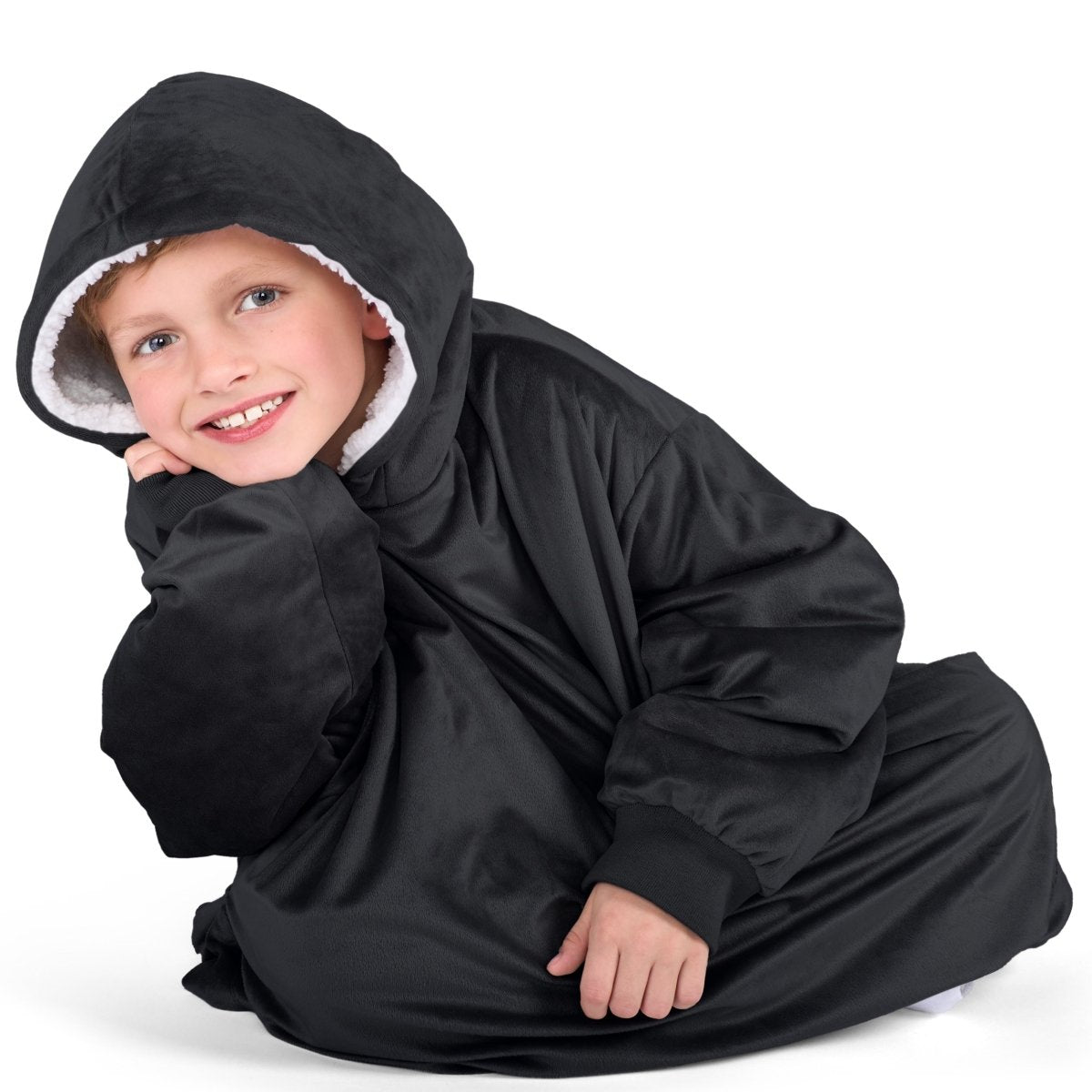 Close up of a sherpa wearable blanket on a child