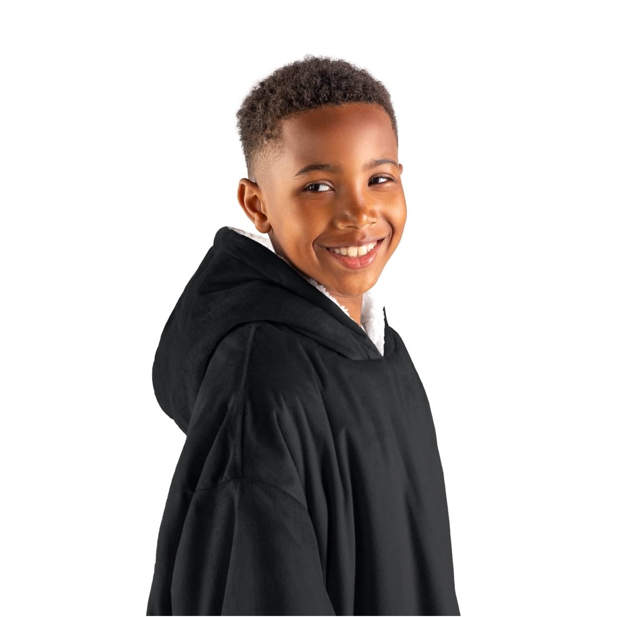 Close up of a sherpa wearable blanket on a child