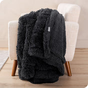 A shaggy faux fur blanket draped over the arm of a chair
