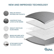 Diagram of a weighted blanket with features highlighted and 'Bare' brand logo.