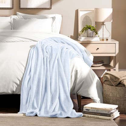 Microplush blanket draped over the corner of a bed