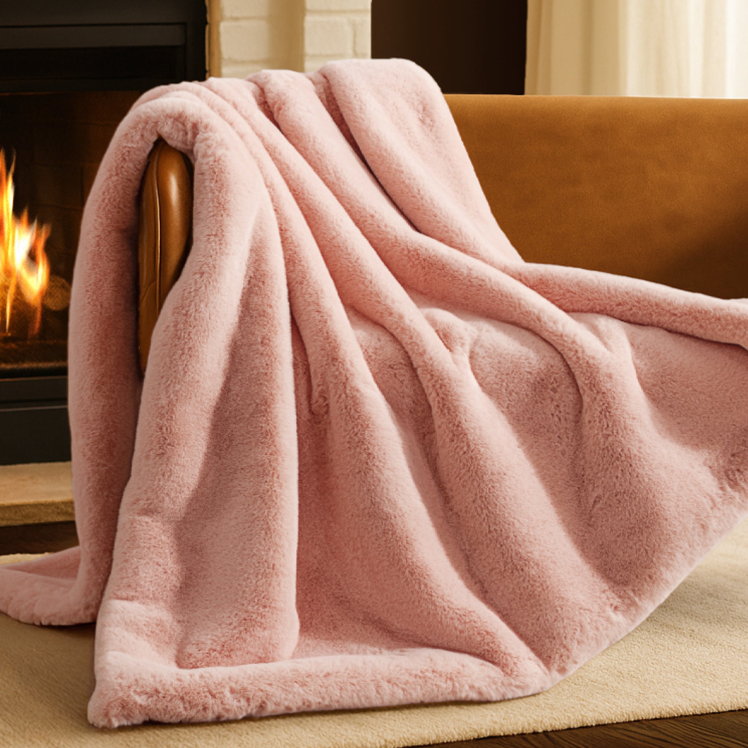 Blanket draped over a chair in front of a fireplace