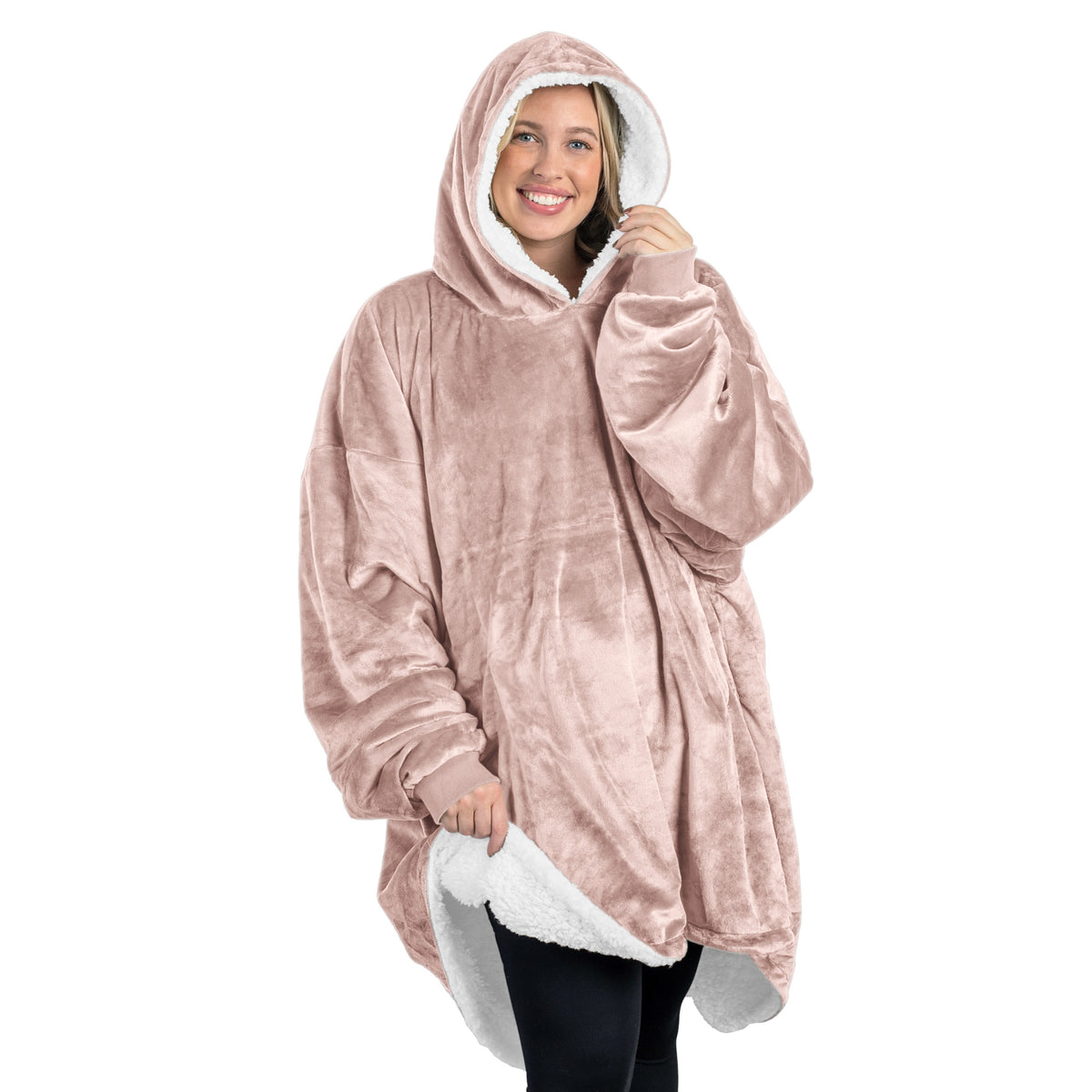 A child with a sherpa wearable blanket on
