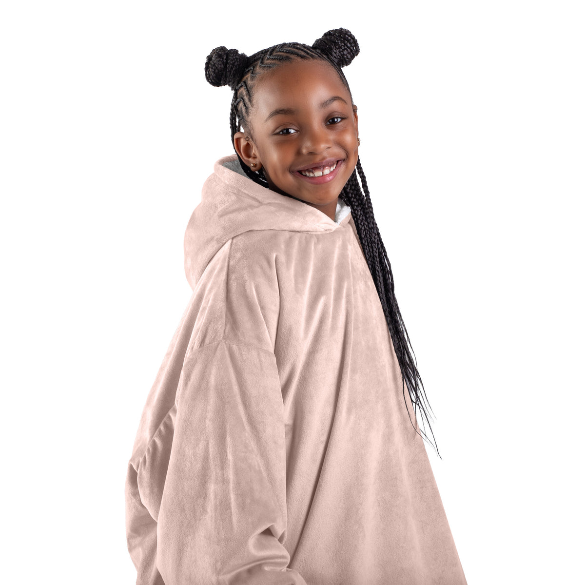 Close up of a sherpa wearable blanket on a child