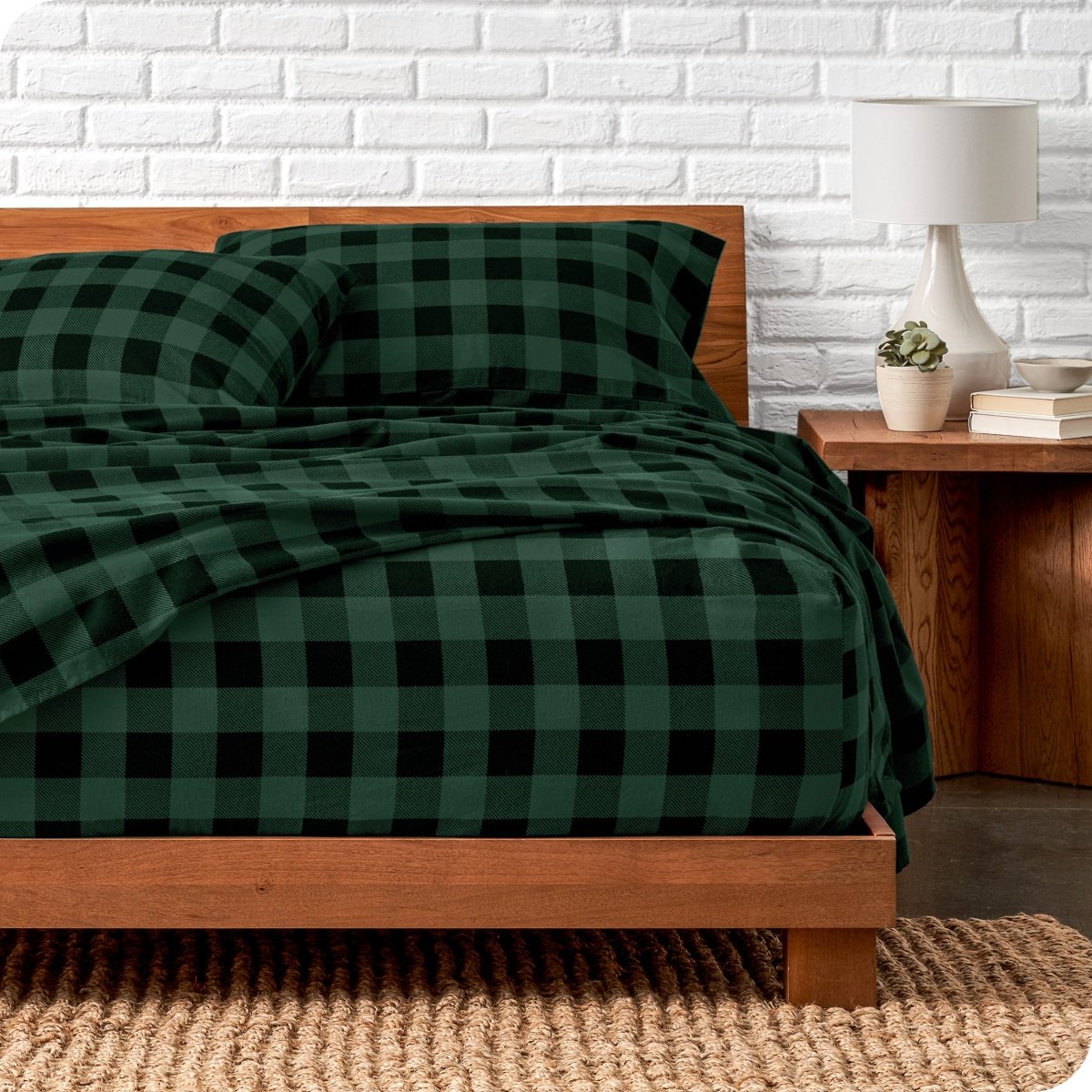 Flannel print sheet set on a bed