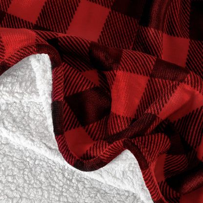 Close-up of both sides of a printed sherpa blanket
