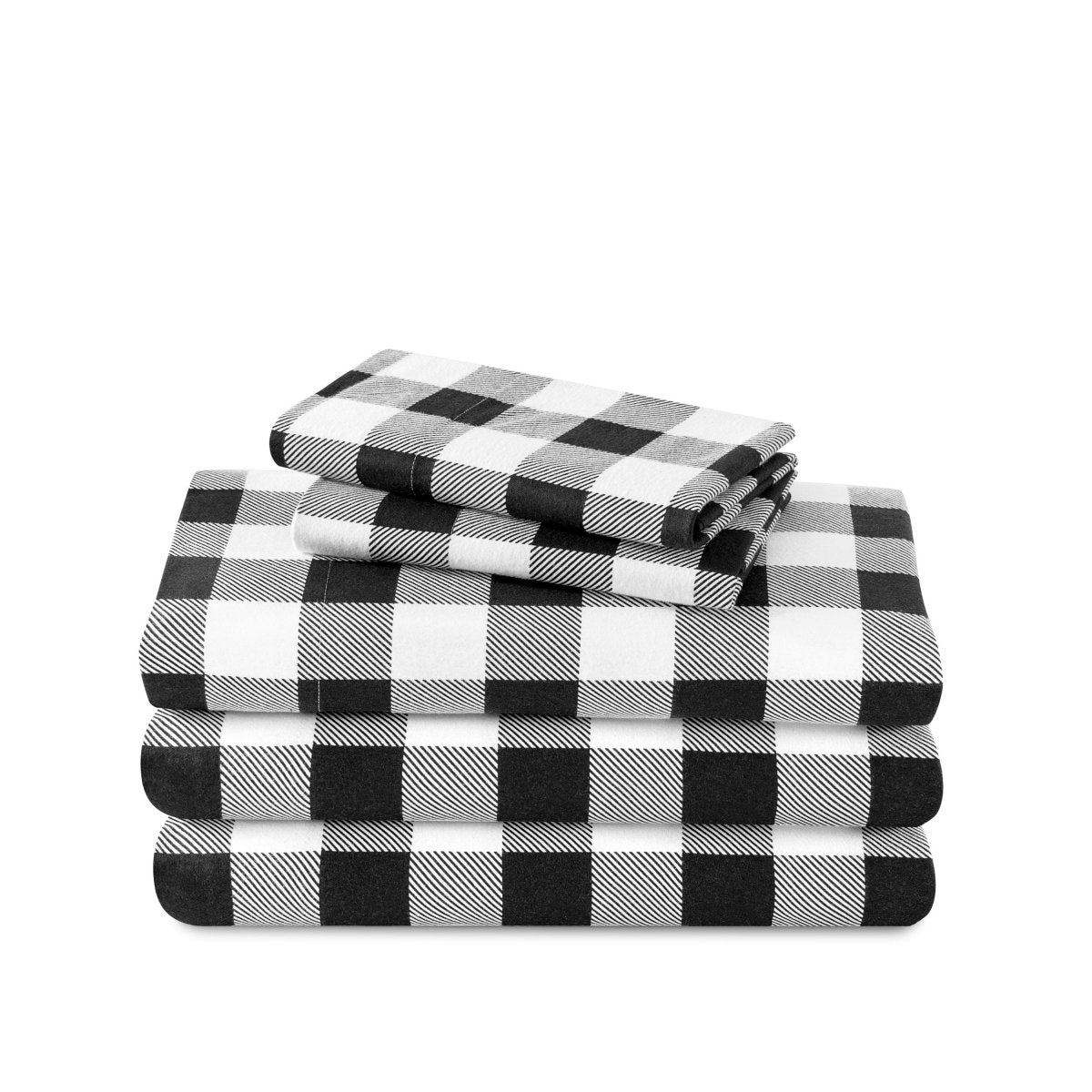 Stack of flannel sheets and pillowcases on a white background