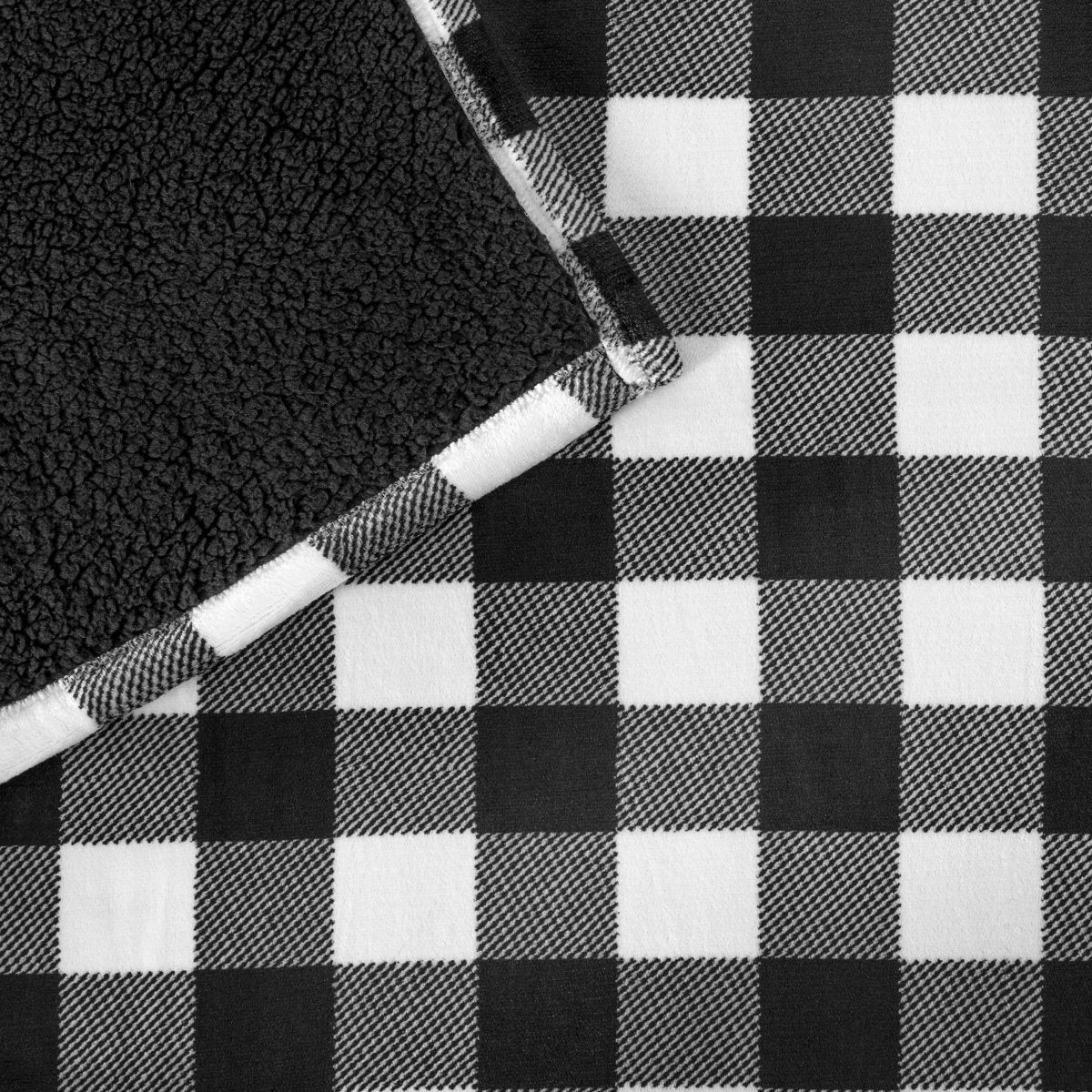 Close-up of both sides of a printed sherpa blanket