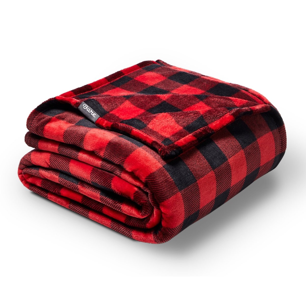 Folded red and black checkered blanket on a white background