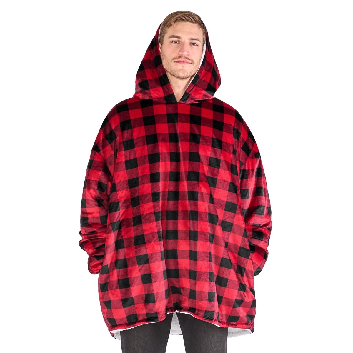 Person wearing a hooded blanket on a white background