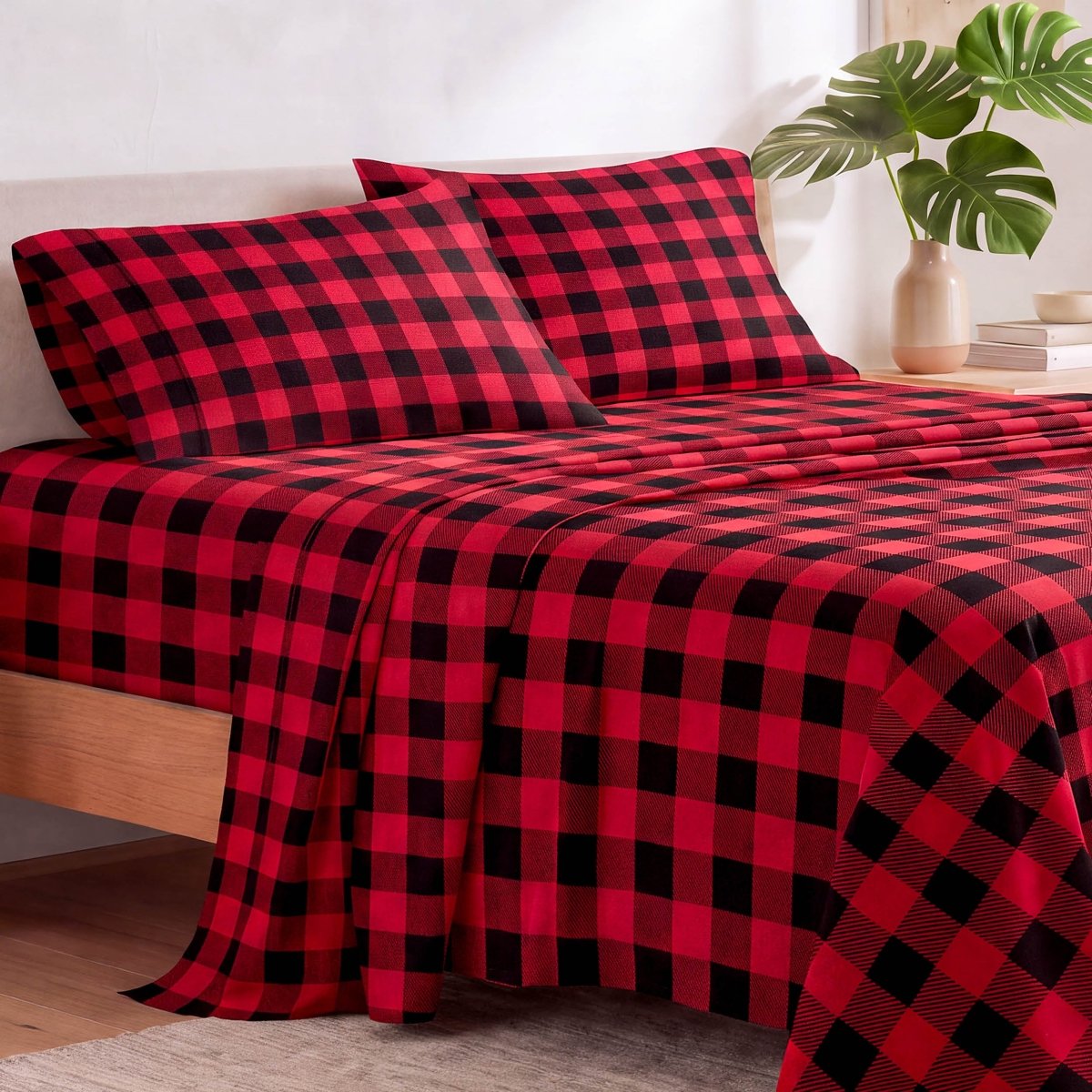 Printed microfiber sheet set on a bed