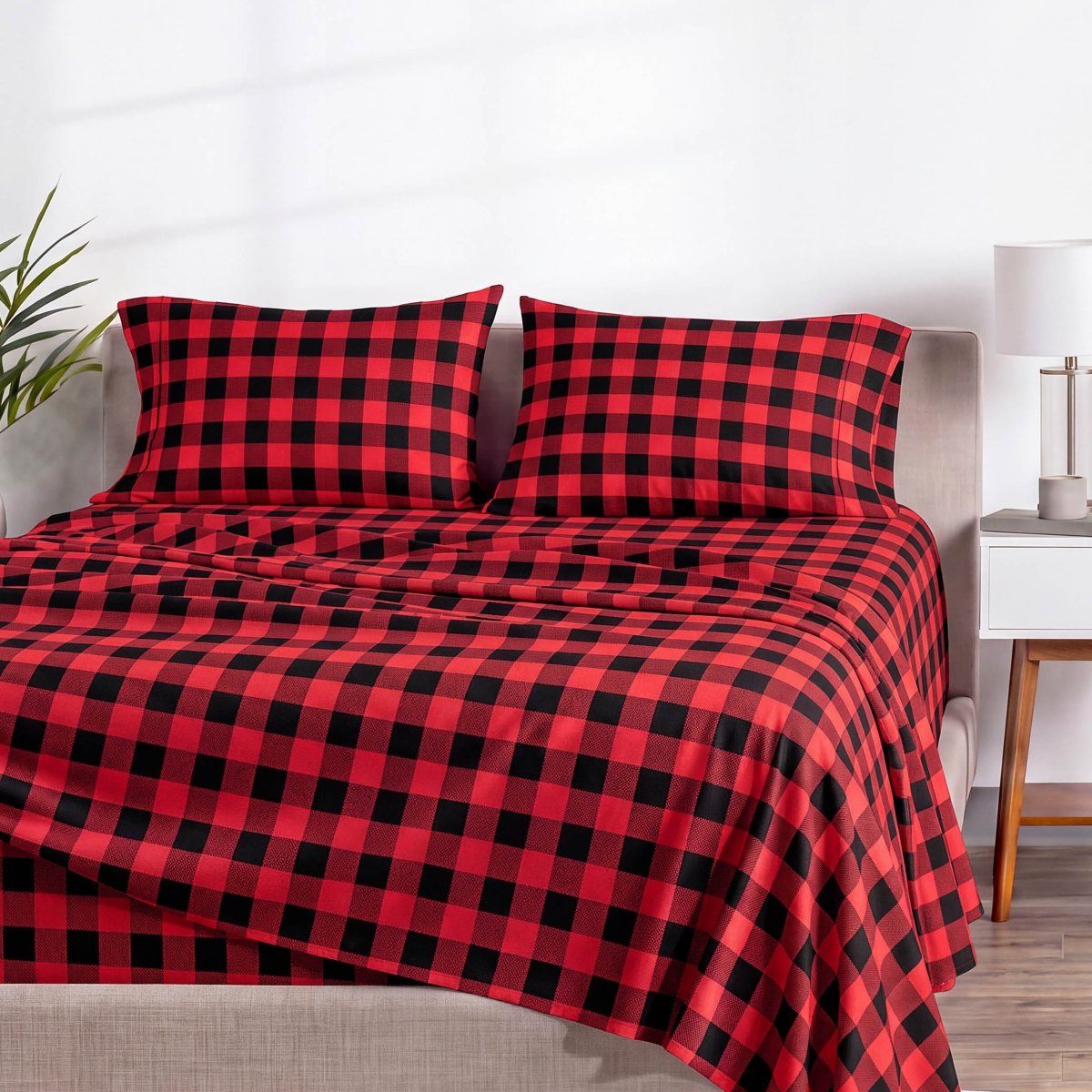 Printed microfiber sheet set on a bed