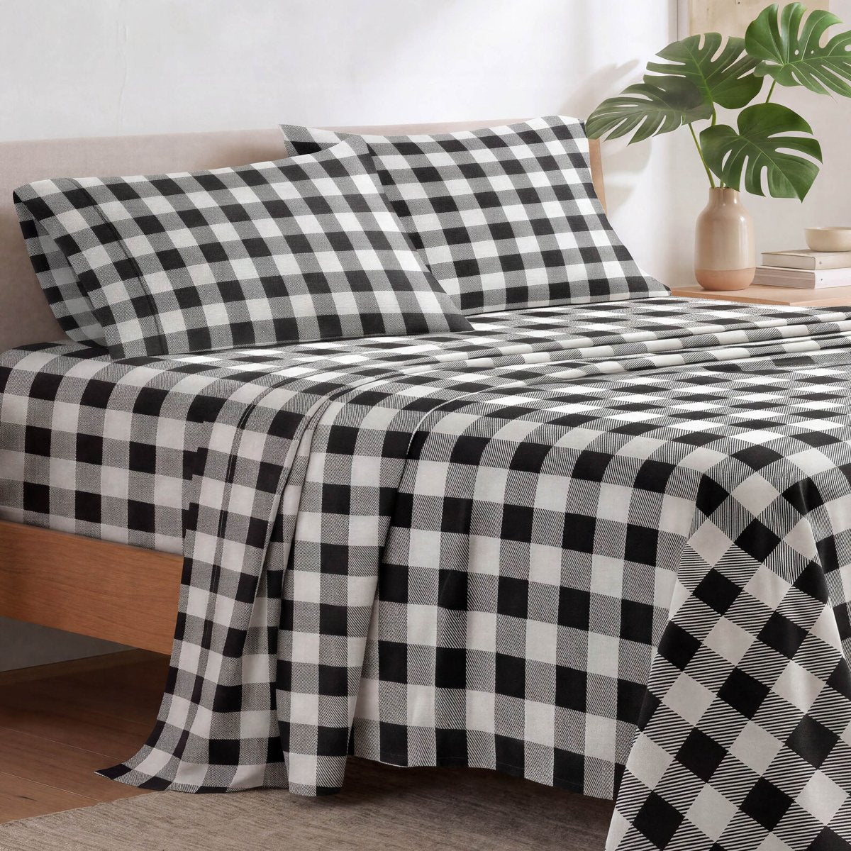 Printed microfiber sheet set on a bed