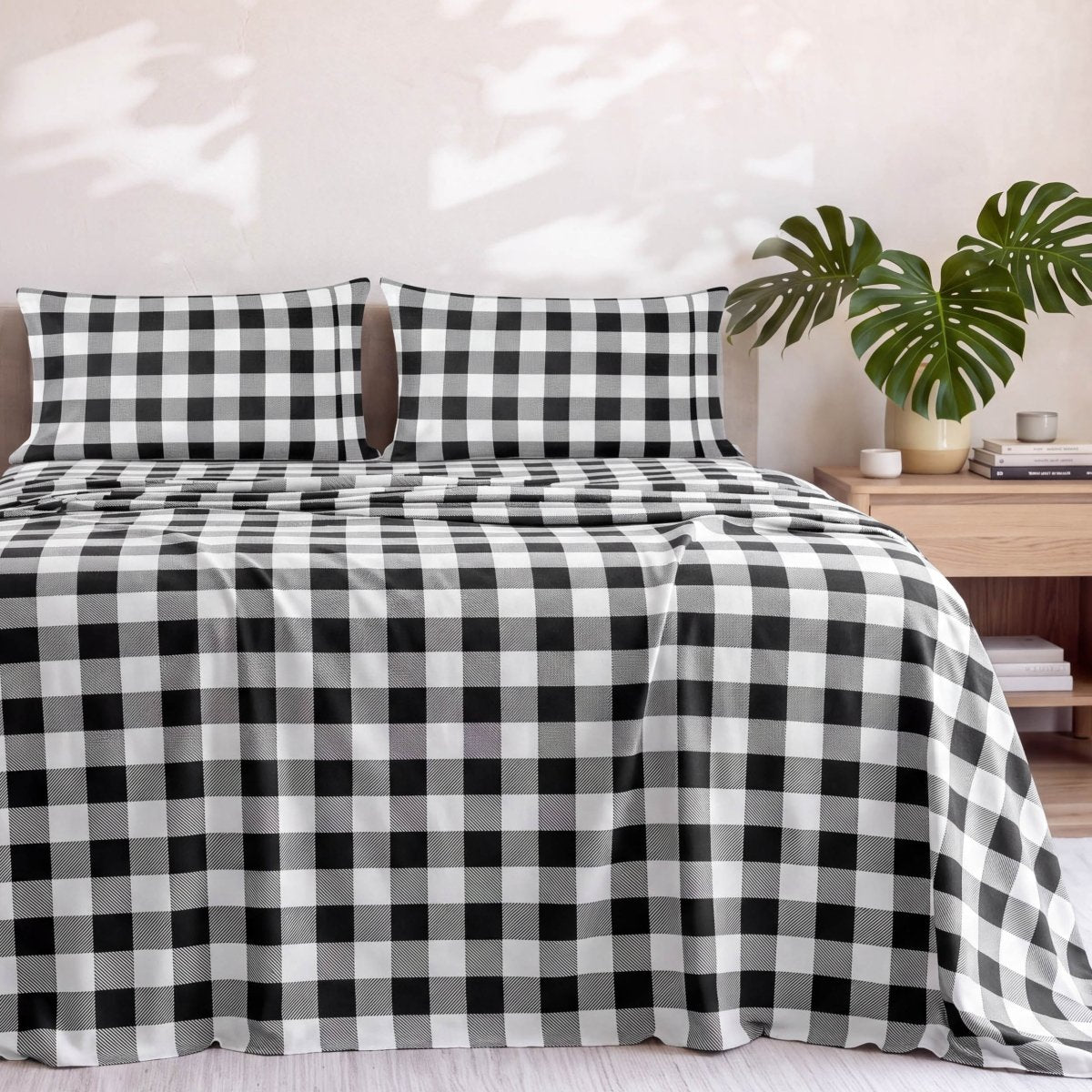 Printed microfiber sheet set on a bed