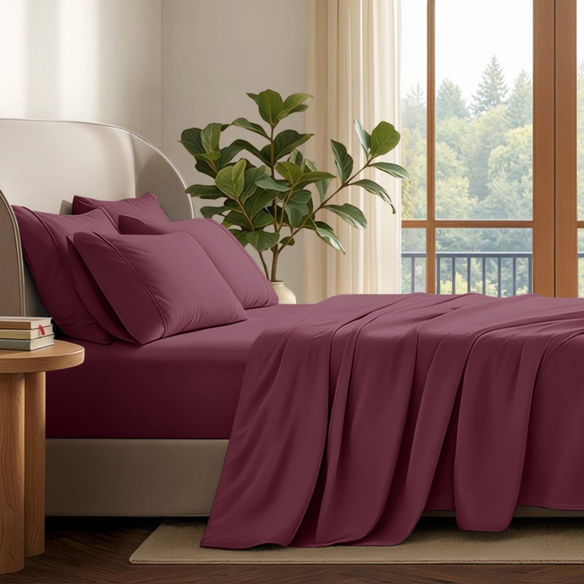 A neatly made bed with in a softly lit bedroom. A large green plant stands beside the bed, and a window with curtains is visible in the background.