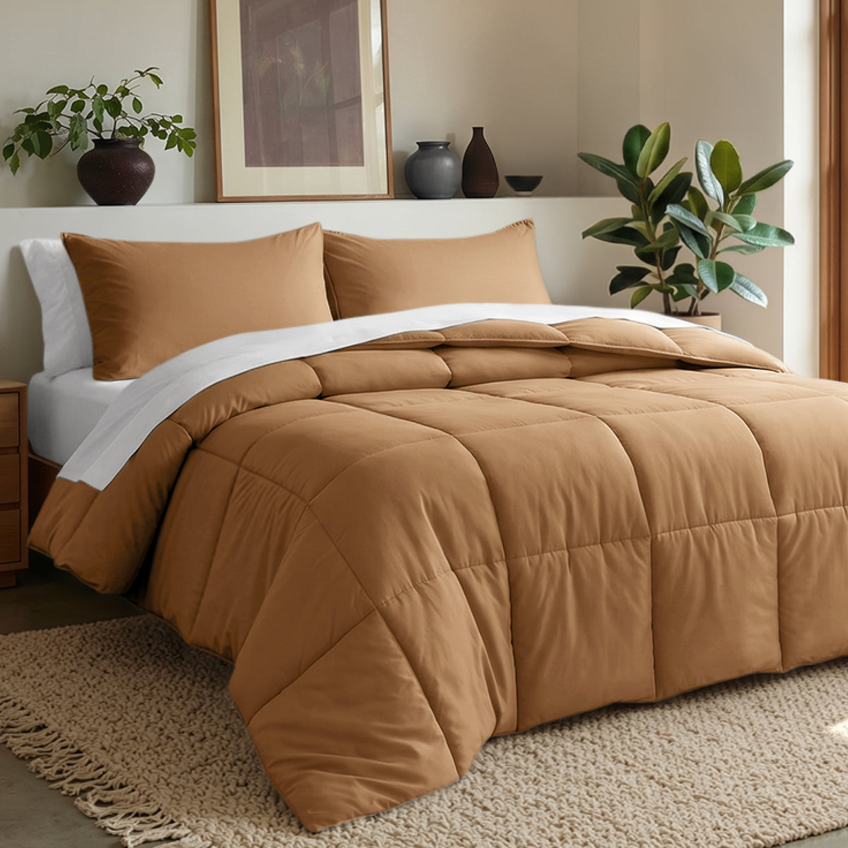 Comforter set on a bed in a bedroom with plants and decor.