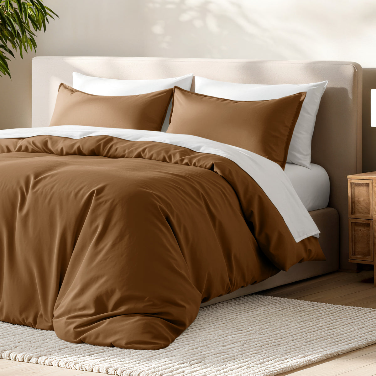 Bed with microfiber duvet cover and sham set in a bedroom setting.