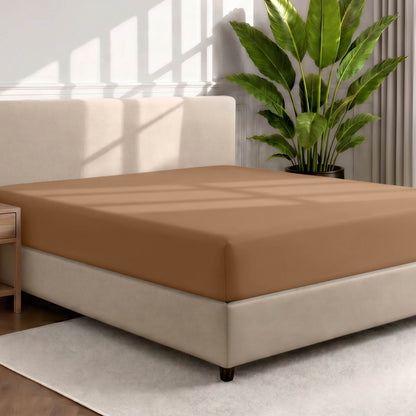 Bed with a fitted sheet in a room with a large plant and rug