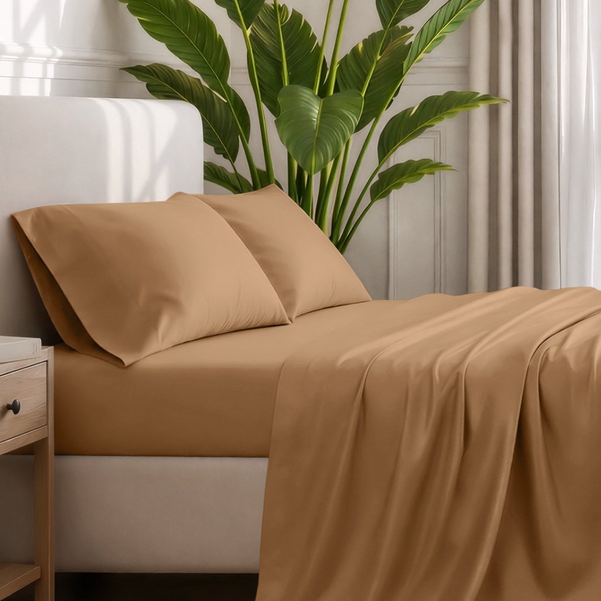 Ultra-soft sheets and pillowcases on a bed with a plant in the background