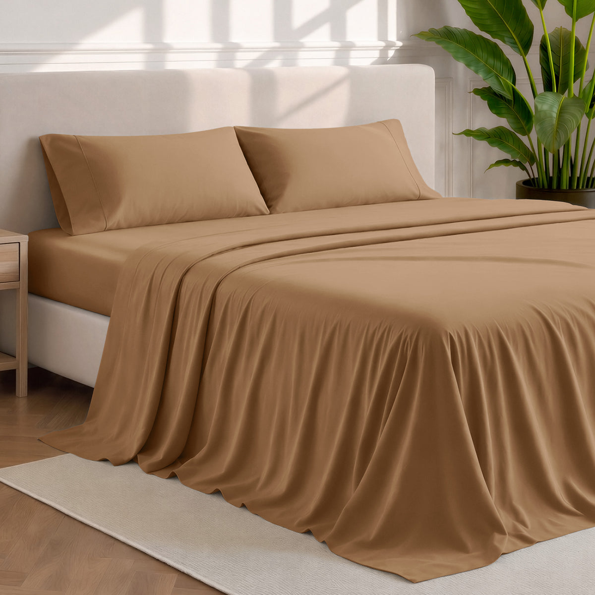 Microfiber sheets and pillowcases in a bedroom stetting