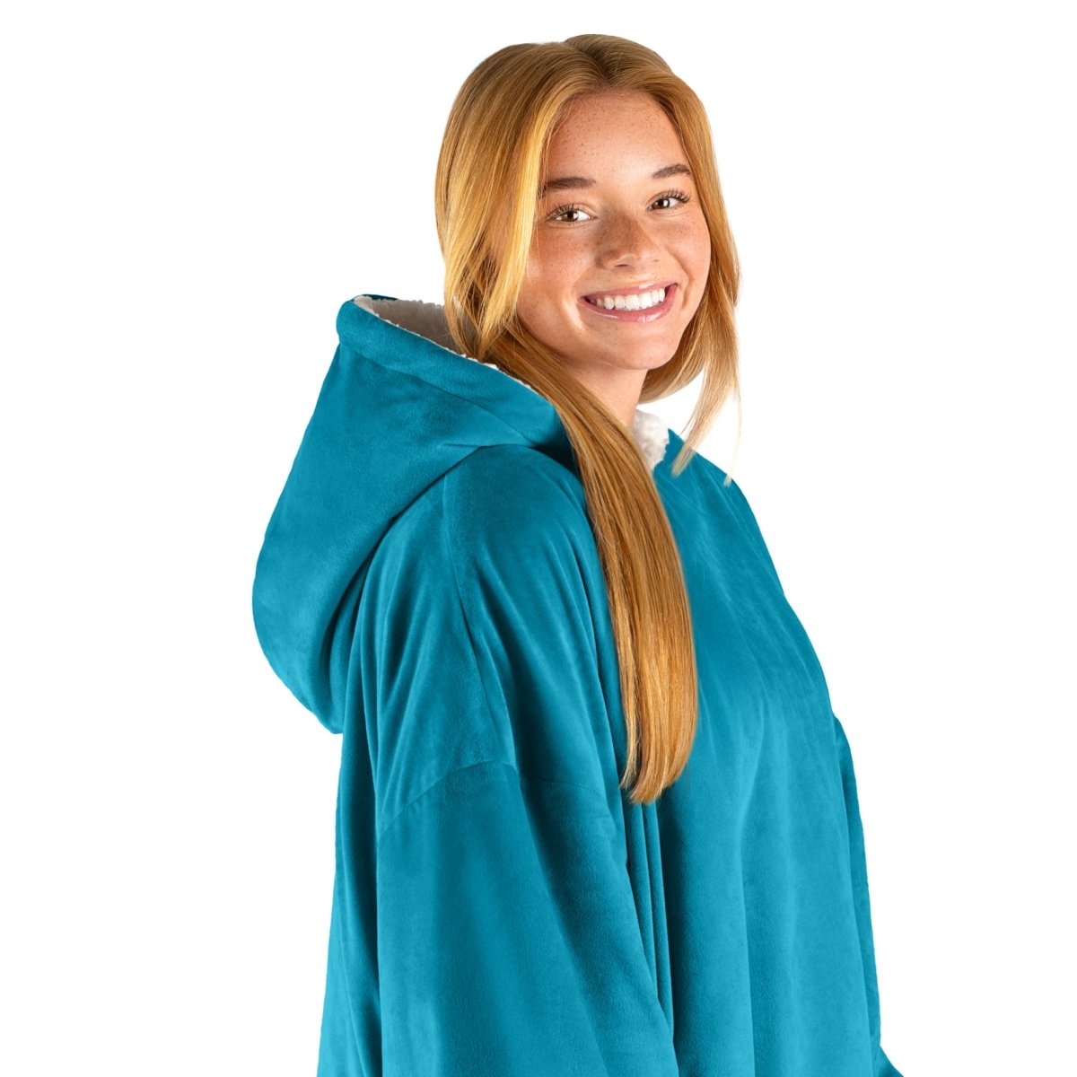 An adult with a hooded wearable blanket on