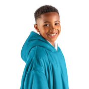 Close up of a sherpa wearable blanket on a child