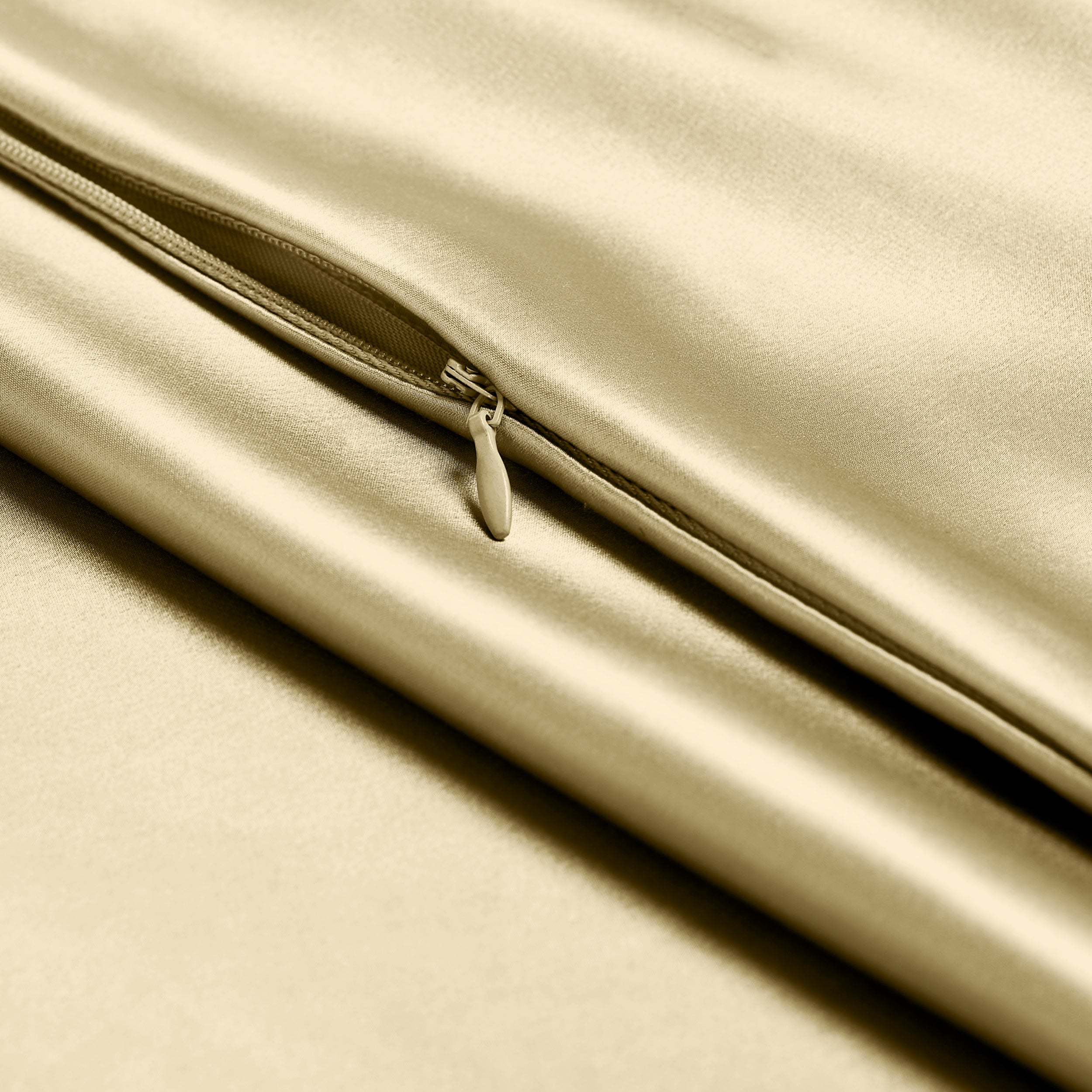Close-up of a silk pillowcase with a zipper