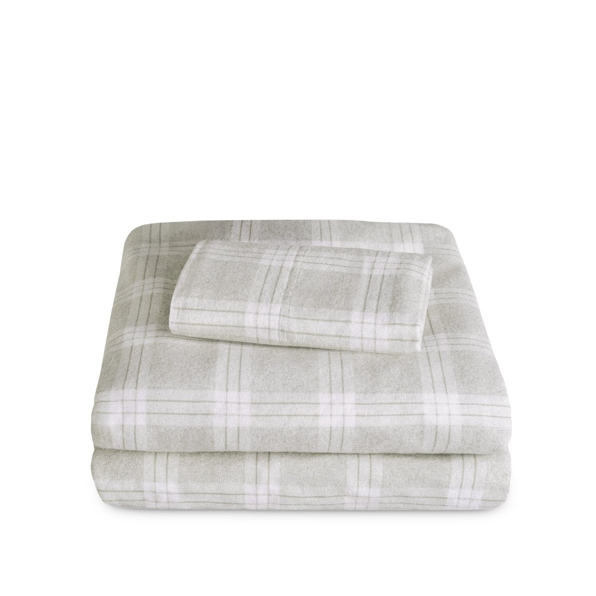 Stack of flannel sheets and pillowcases on a white background