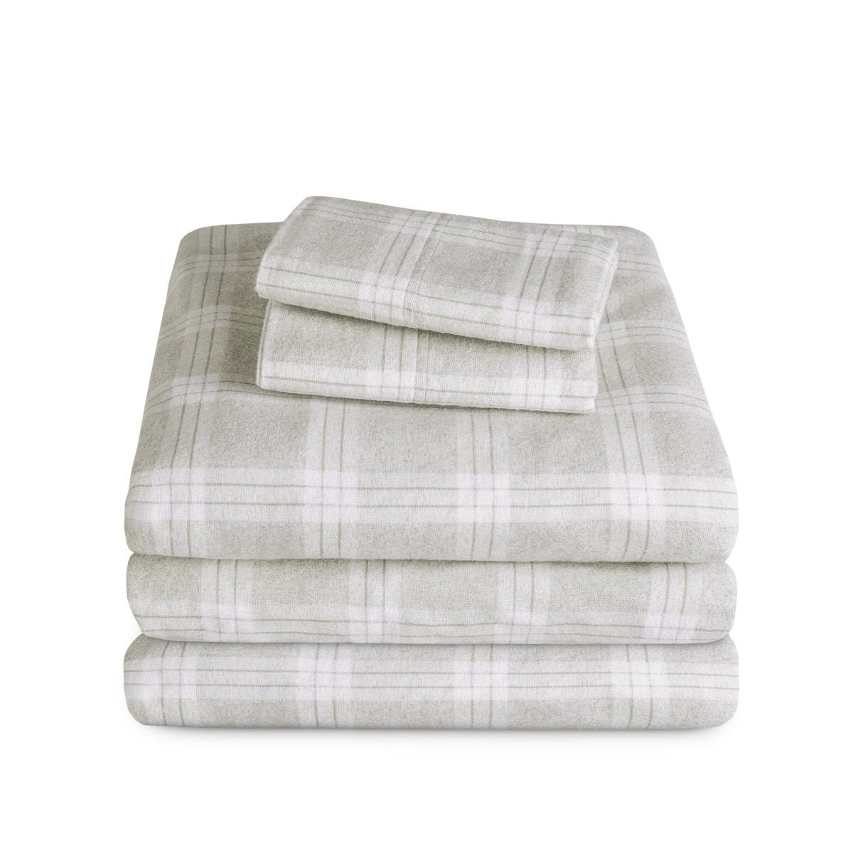 Stack of flannel sheets and pillowcases on a white background