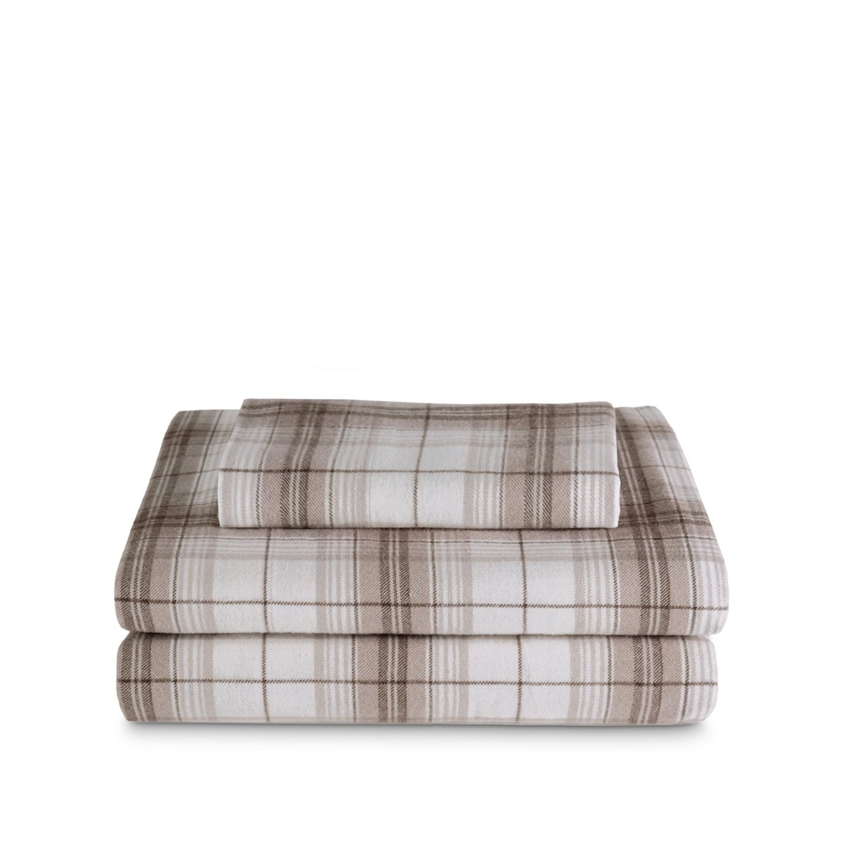 Stack of flannel sheets and pillowcases on a white background