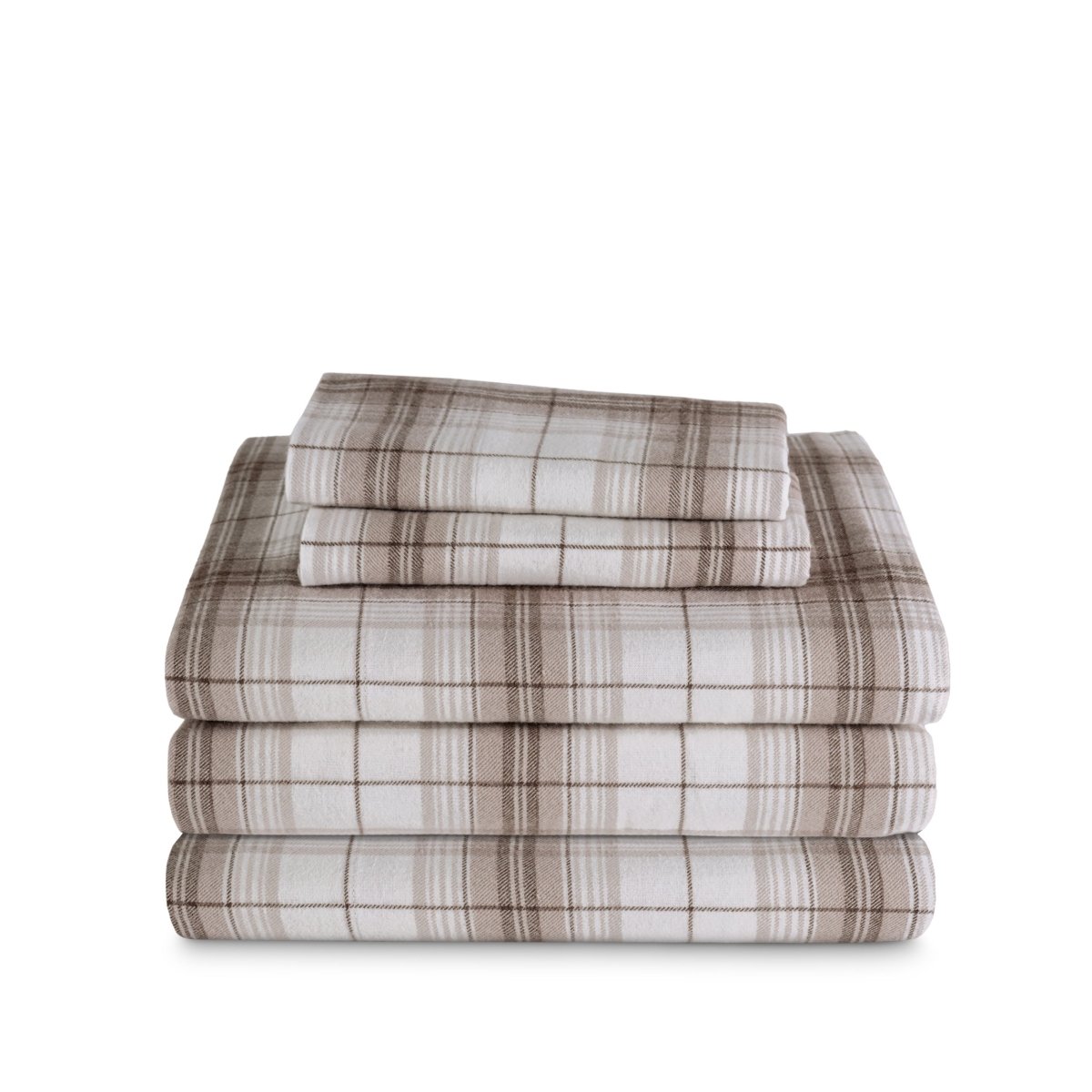 Stack of flannel sheets and pillowcases on a white background