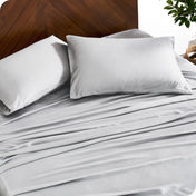 Close up of bamboo sheets and pillowcases on a bed