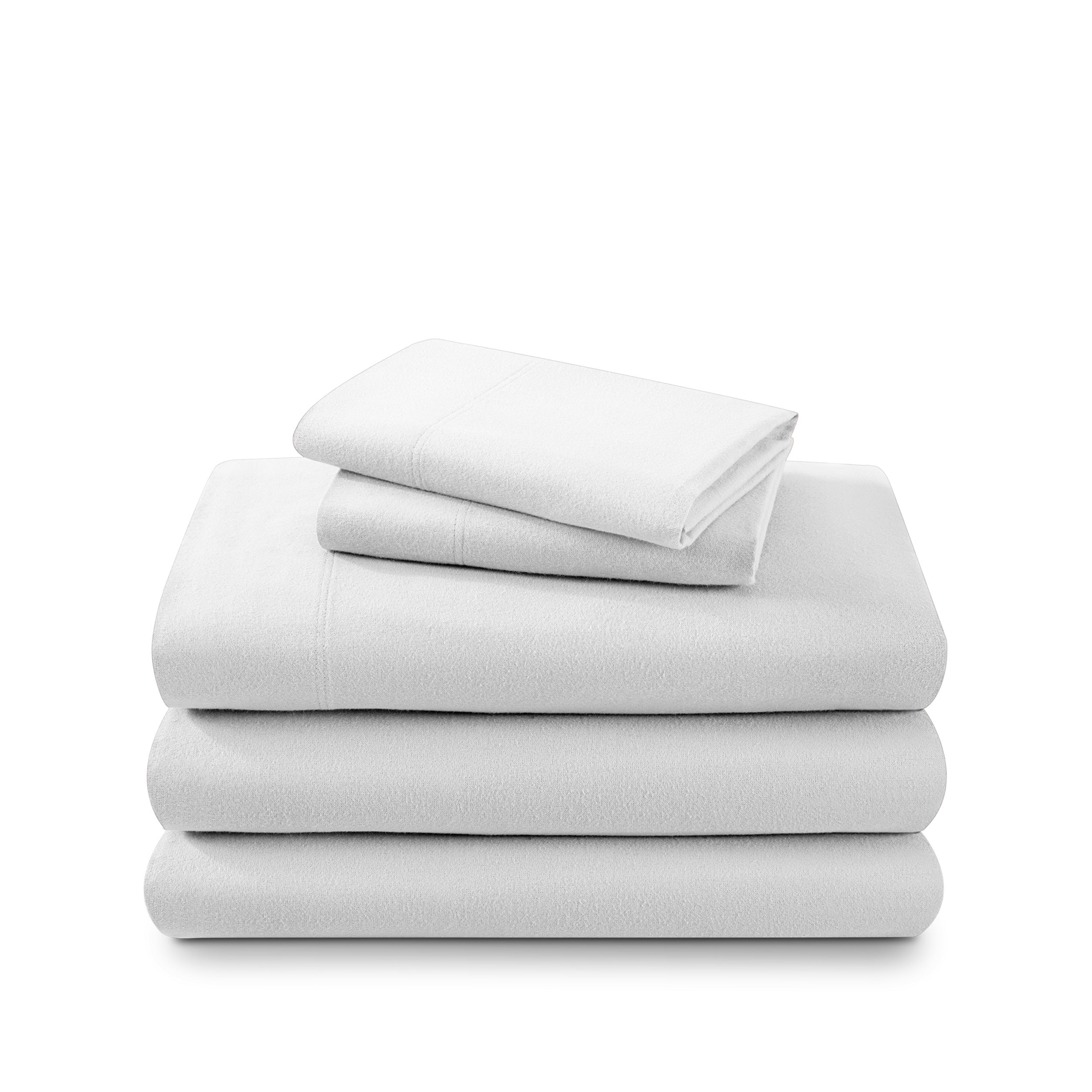 Cotton flannel sheet set folded and stacked on a white background