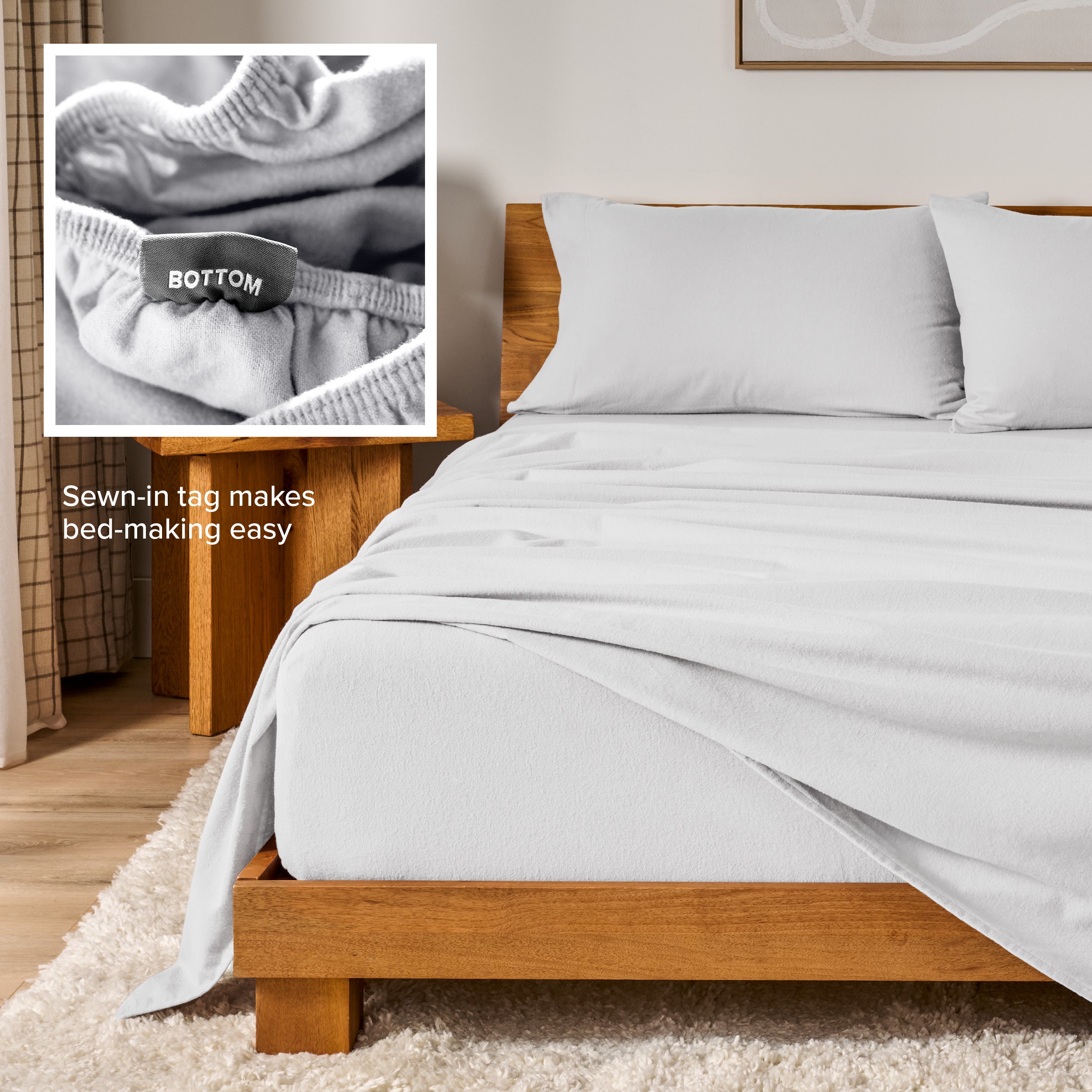 Flannel sheets on a with an inset of a sewn-in tag reading BOTTOM