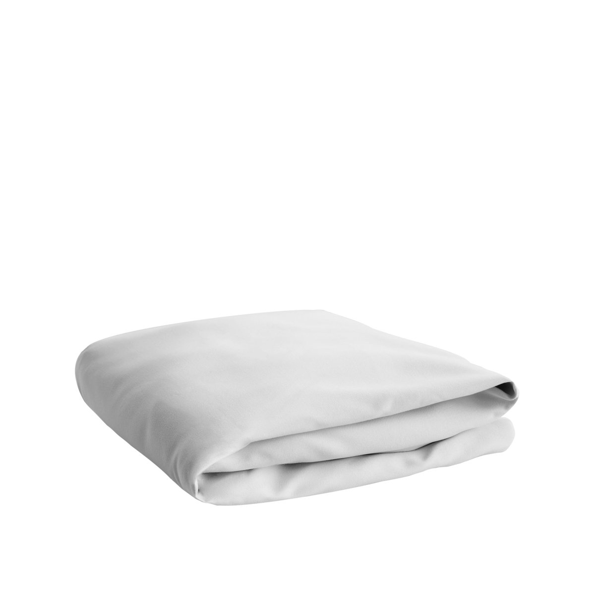 Folded light gray crib fitted sheet on a white background