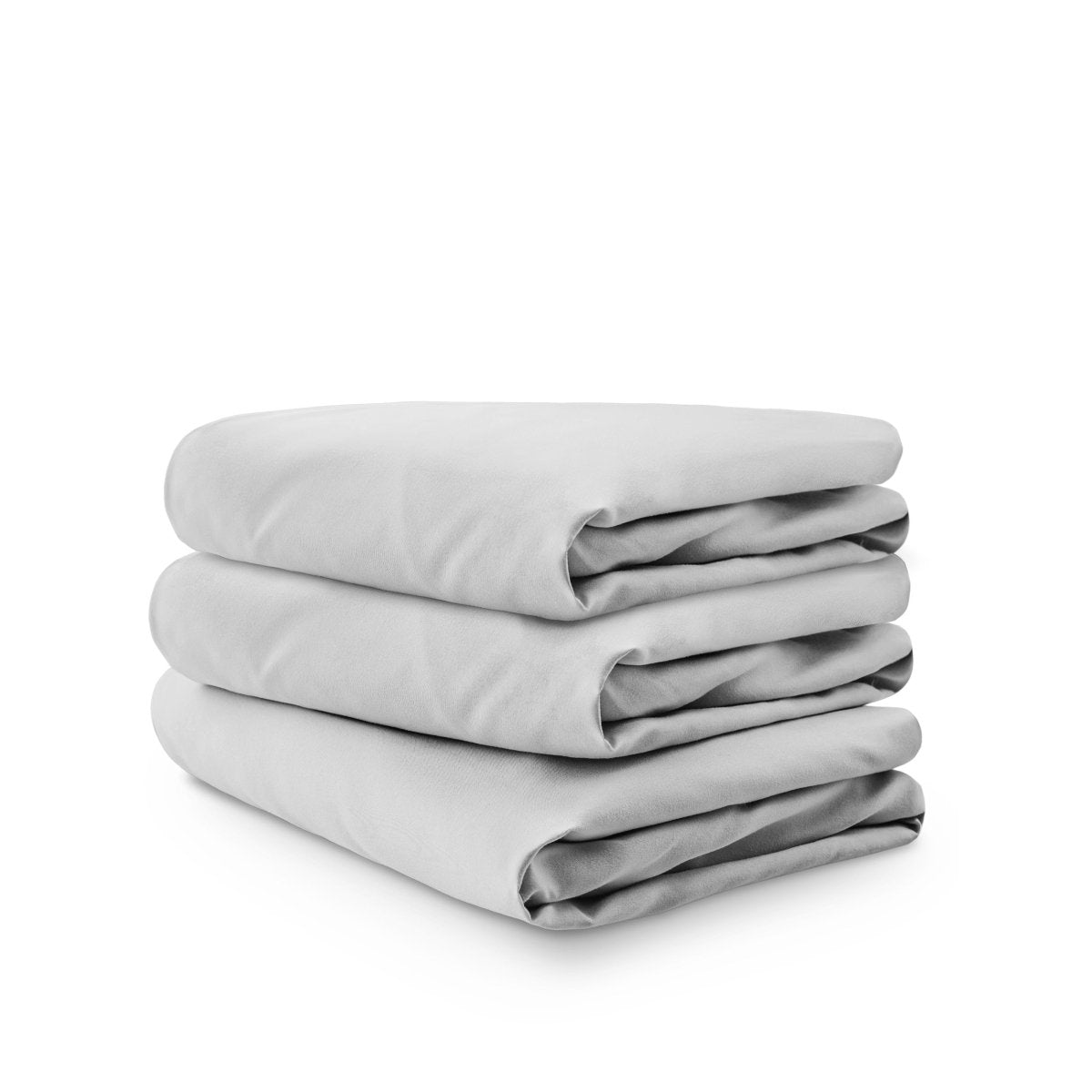 Stack of grey folded crib sheets on a white background