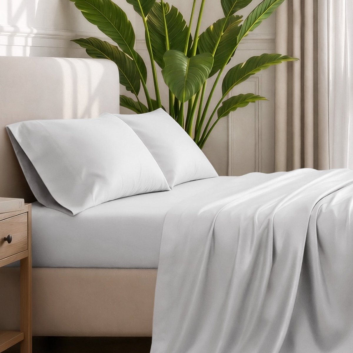 Ultra-soft sheets and pillowcases on a bed with a plant in the background