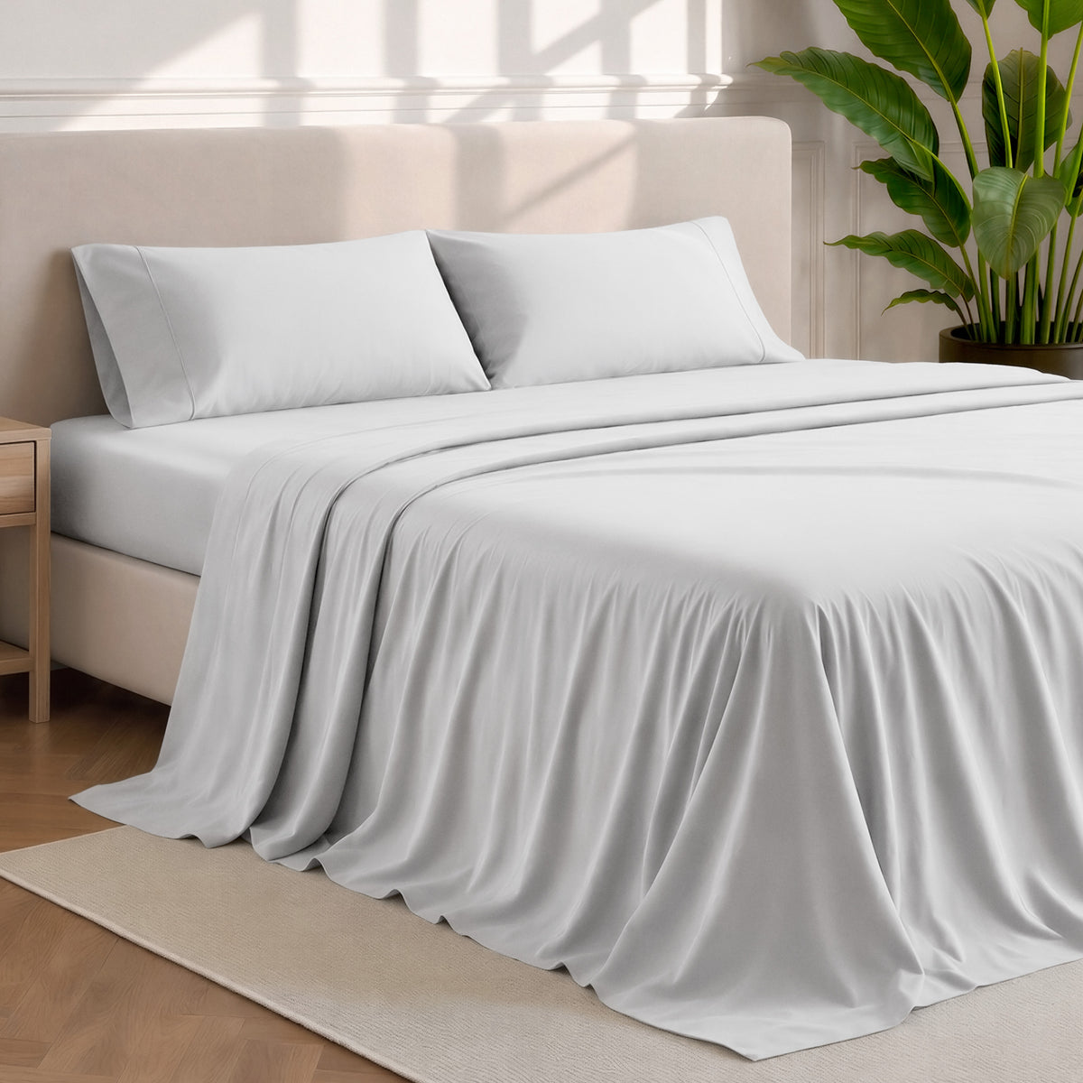 Microfiber sheets and pillowcases in a bedroom stetting