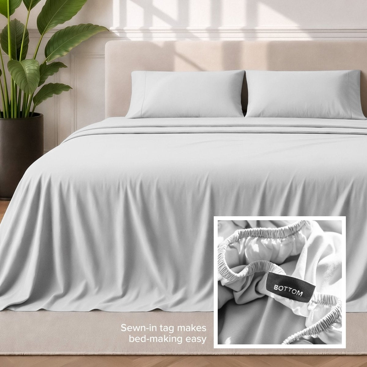 Sewn-in tag makes bed-making easy