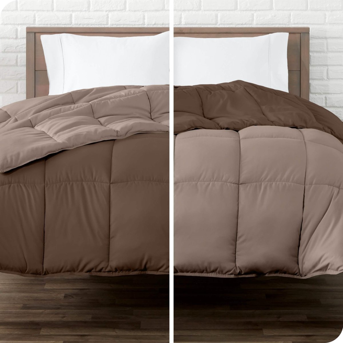 A split image of a reversible comforter showing both colors