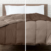 Two views of a reversible comforter on a bed with a white brick wall background.