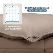 Comforter with text that says use as a comforter or duvet insert.  Shows 8 loops to secure your duvet insert.