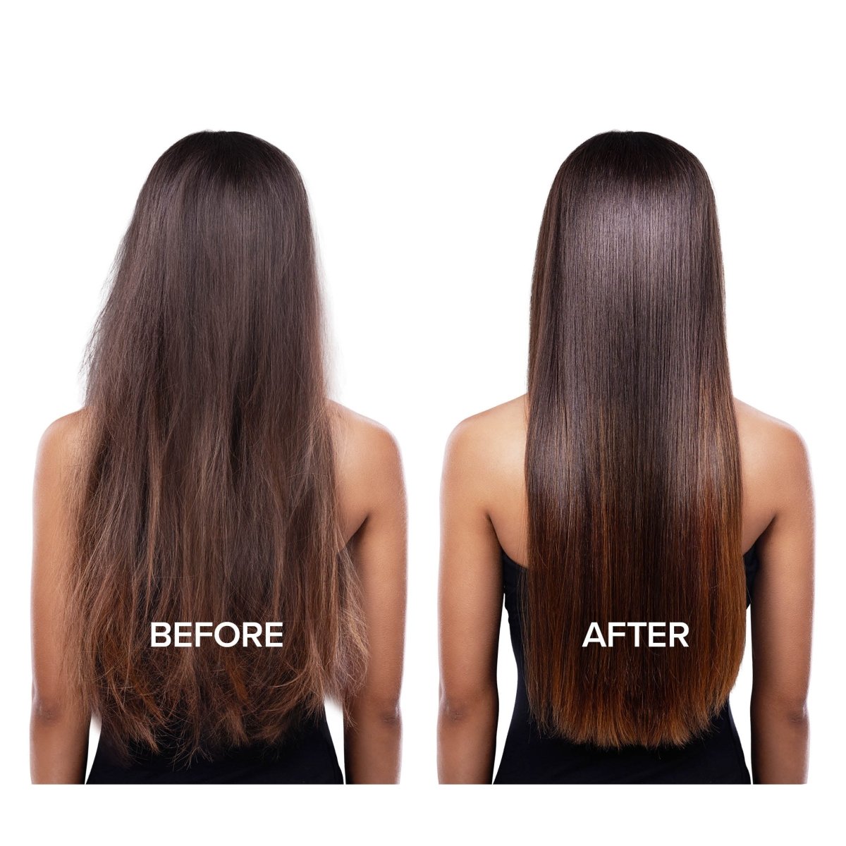 Before and after comparison of long hair with a white background