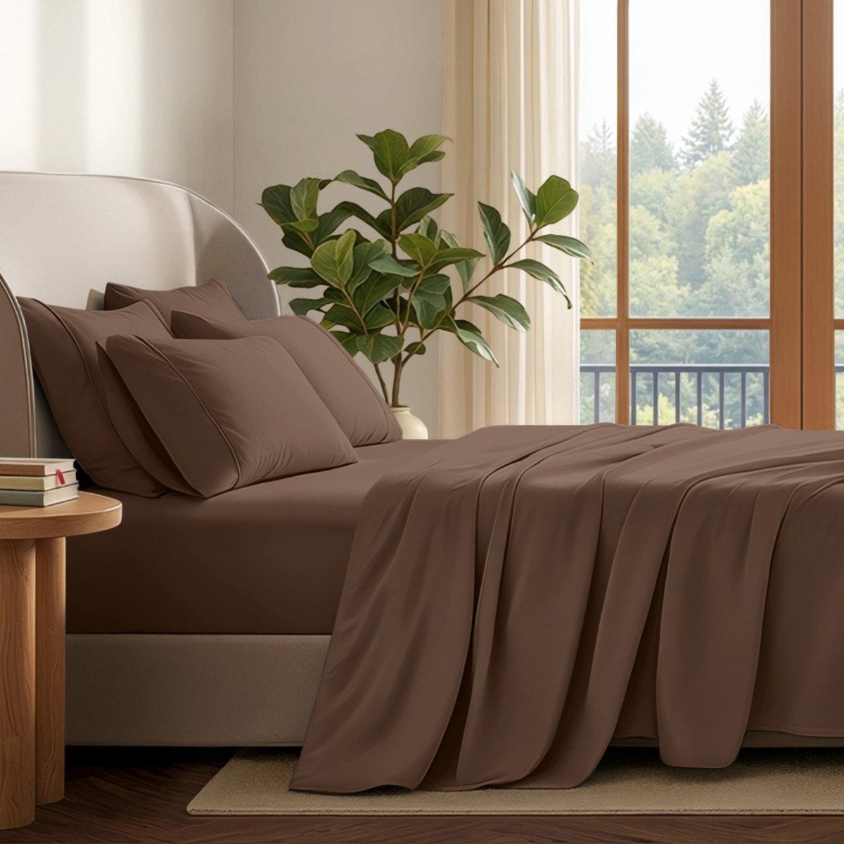 A neatly made bed with in a softly lit bedroom. A large green plant stands beside the bed, and a window with curtains is visible in the background.