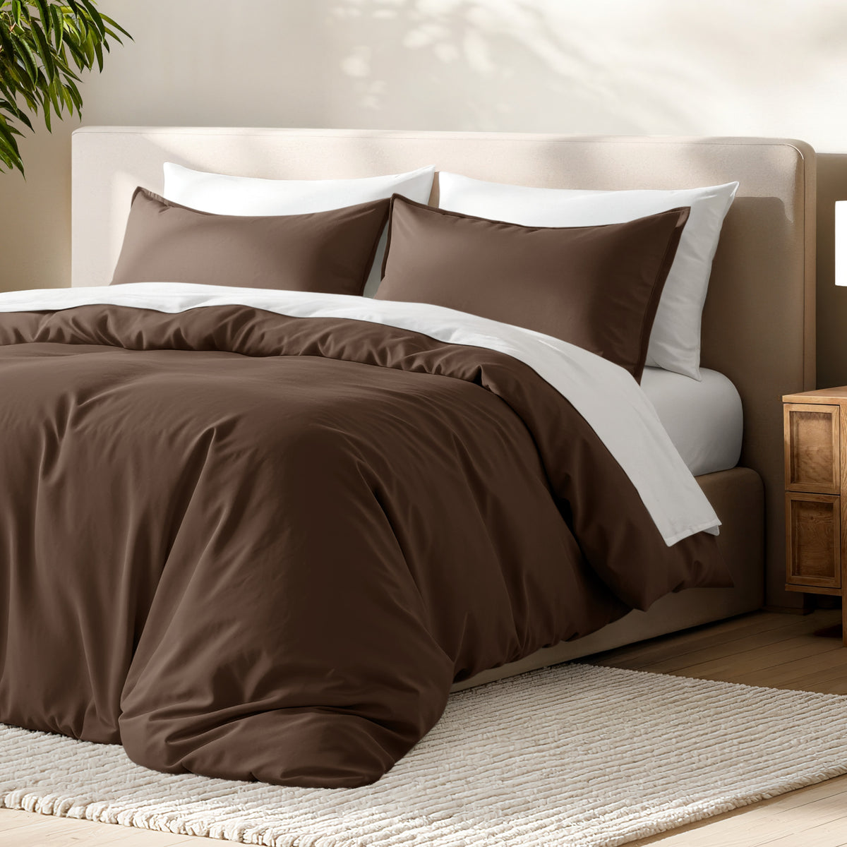 Bed with microfiber duvet cover and sham set in a bedroom setting.
